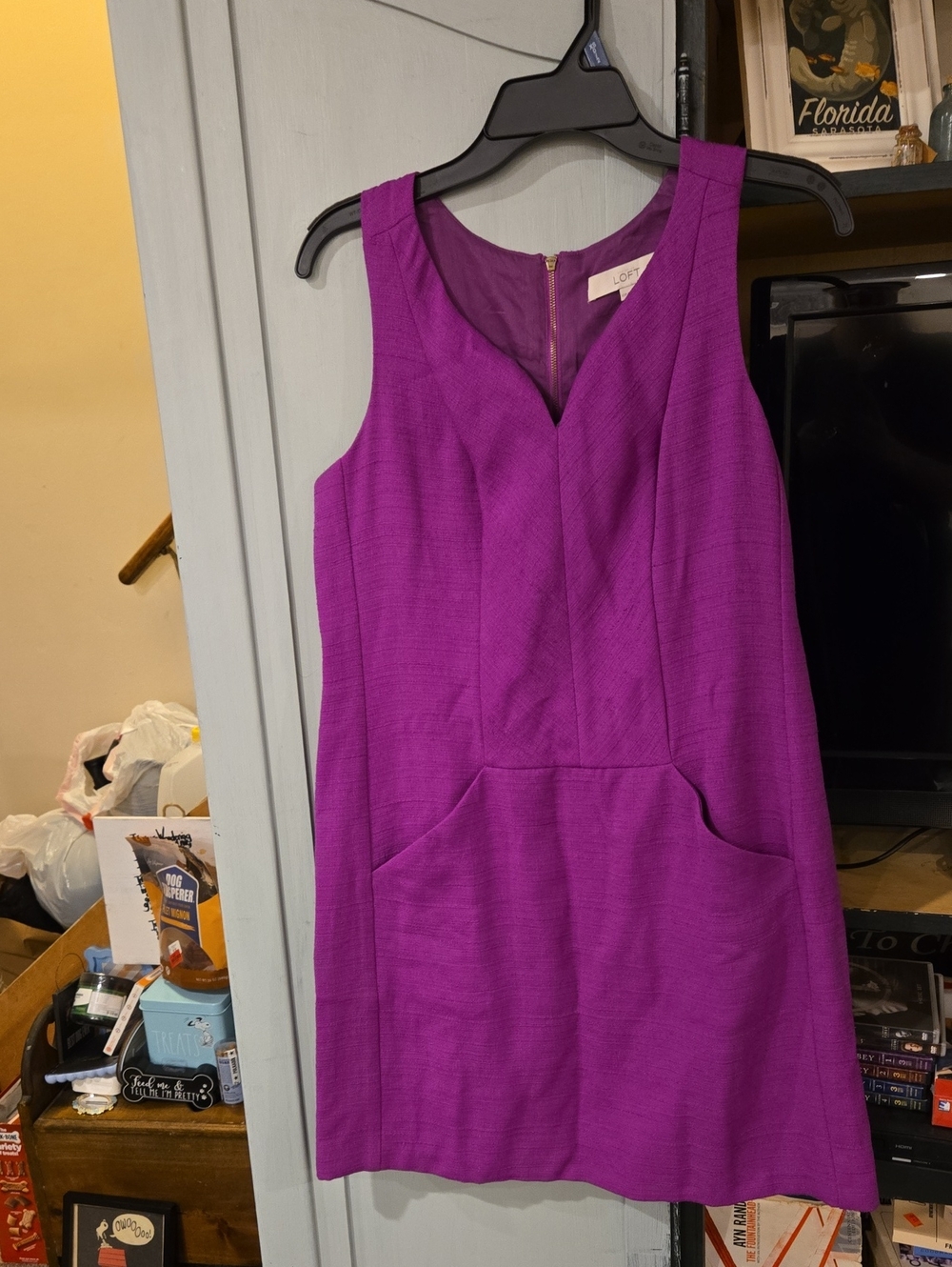 LOFT Magenta-Purple Sleeveless V-Notch Sheath Dress